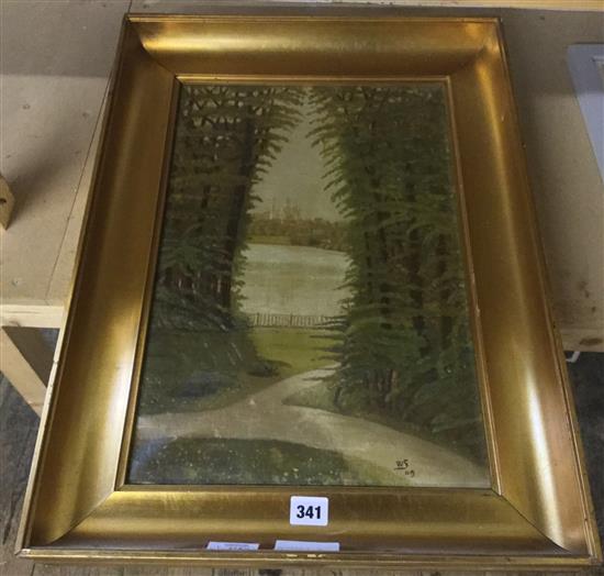 Oil on canvas - Castle through bushes(-)